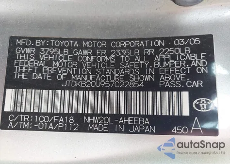 2005 Toyota Prius z USA, uszkodzony, nr VIN JTDKB20U957022854